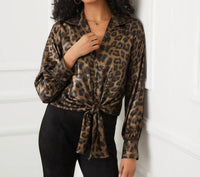 Karen Kane Long Sleeve Tie-Front Top in leopard 1 - women's blouse - alternate view