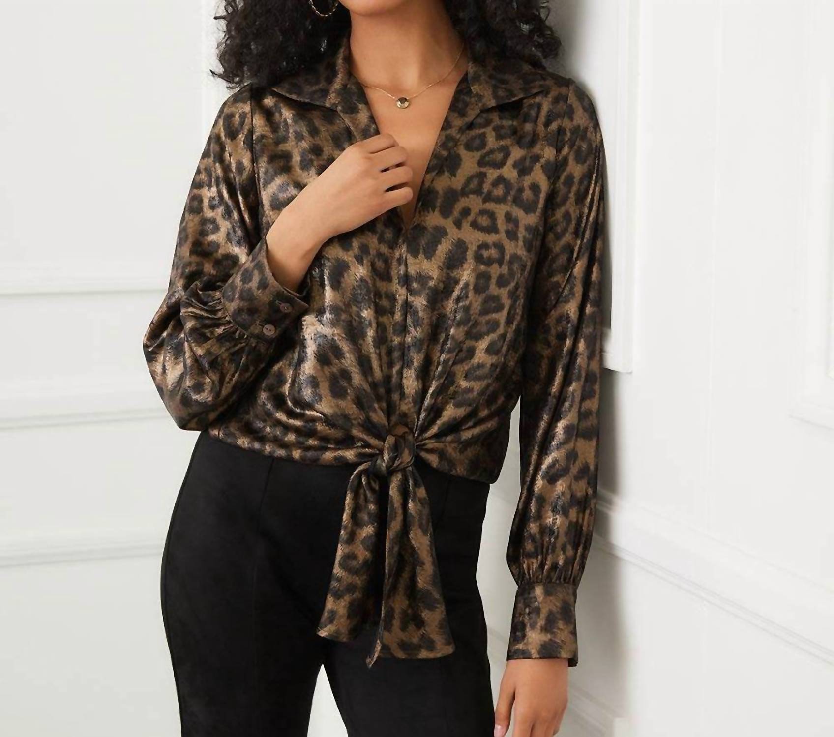 Karen Kane Long Sleeve Tie-Front Top in leopard 1 - women's blouse - alternate view