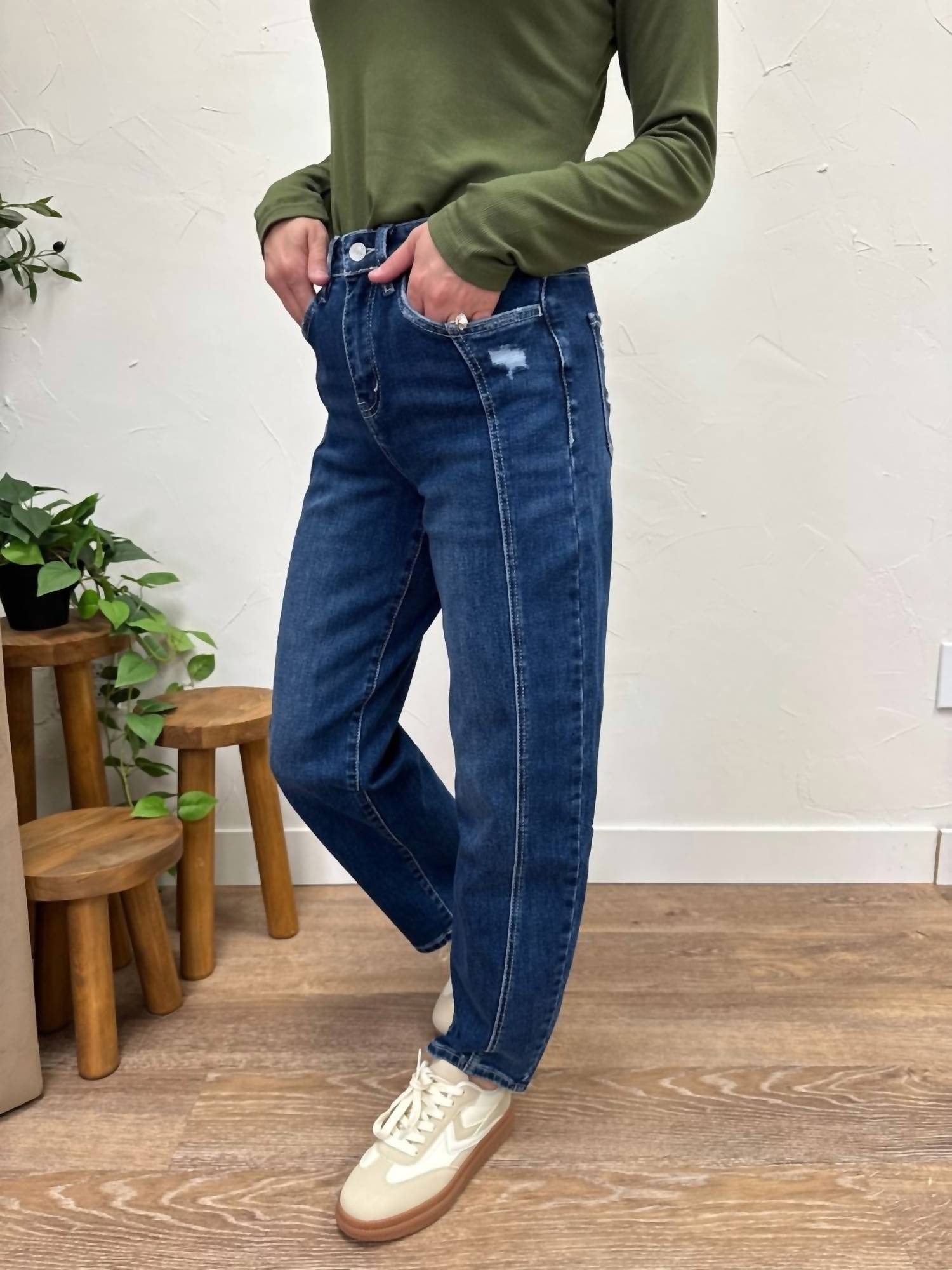 VERVET BY FLYING MONKEY High Rise Barrel Jeans in dark wash - women's jeans - detail view
