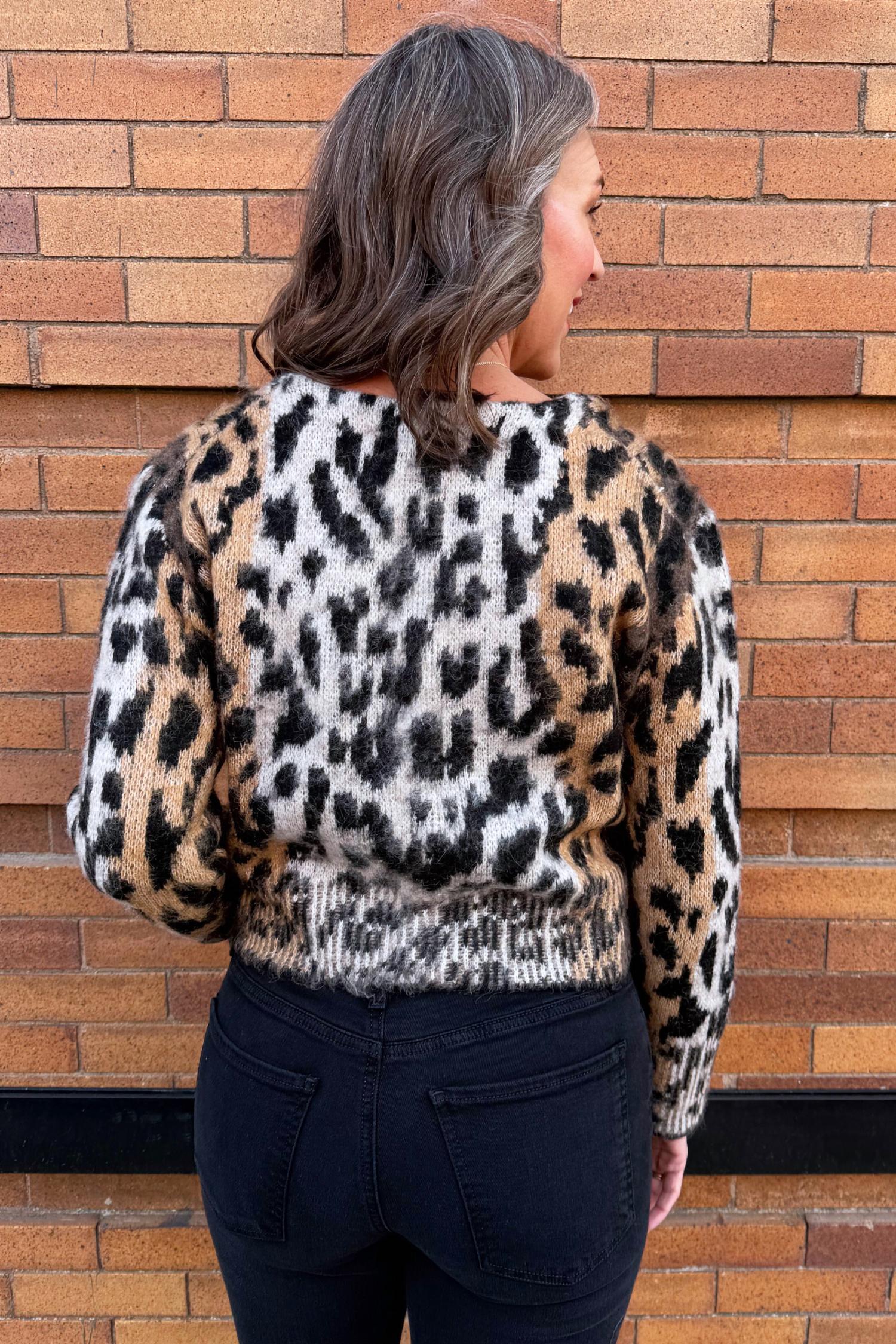 ELAN Print Knit Cardigan in brown cheetah 1 - women's cardigan - alternate view