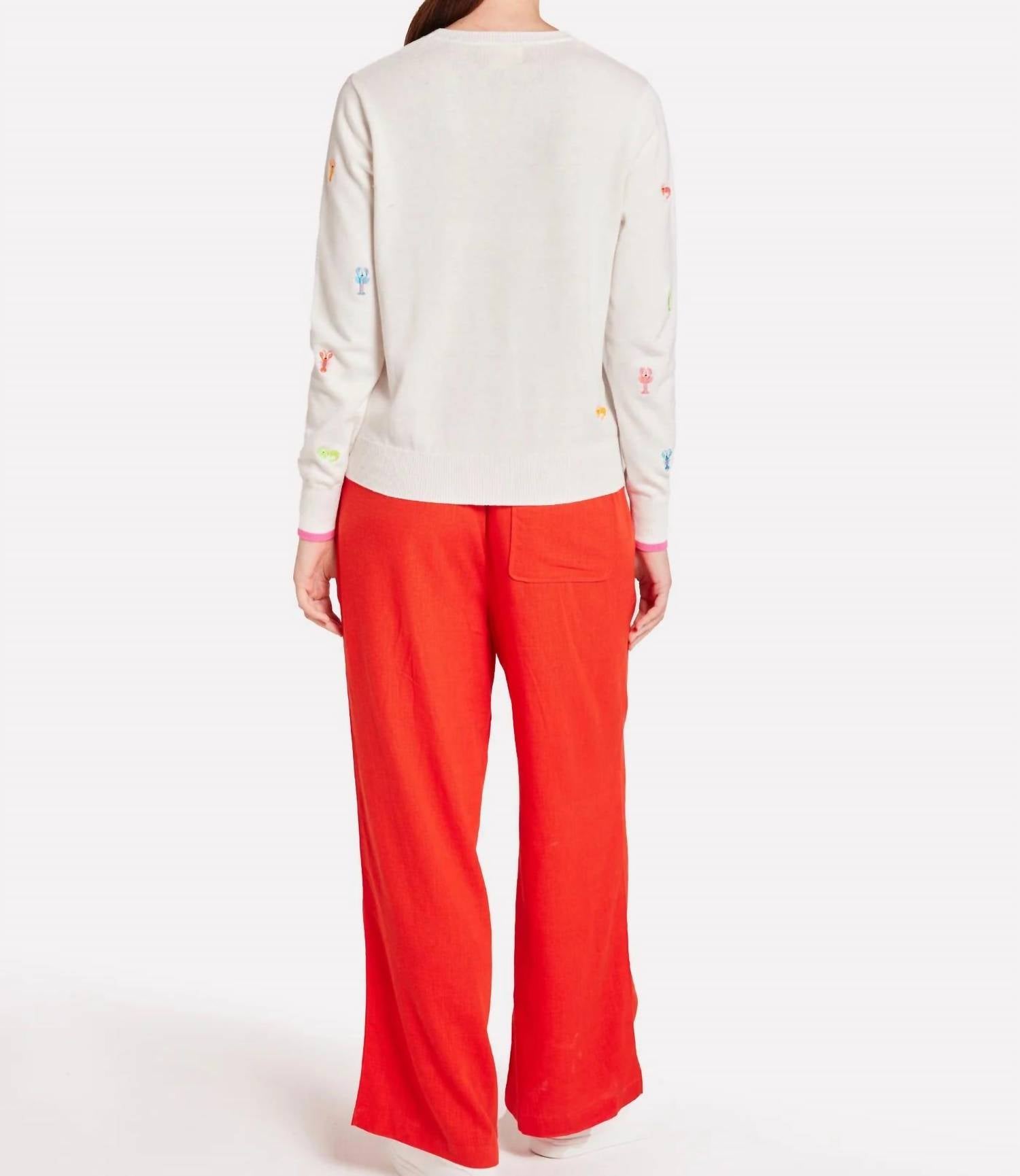 Brodie Cashmere Lobster Embroidered Crew Sweater in white - women's sweater - detail view