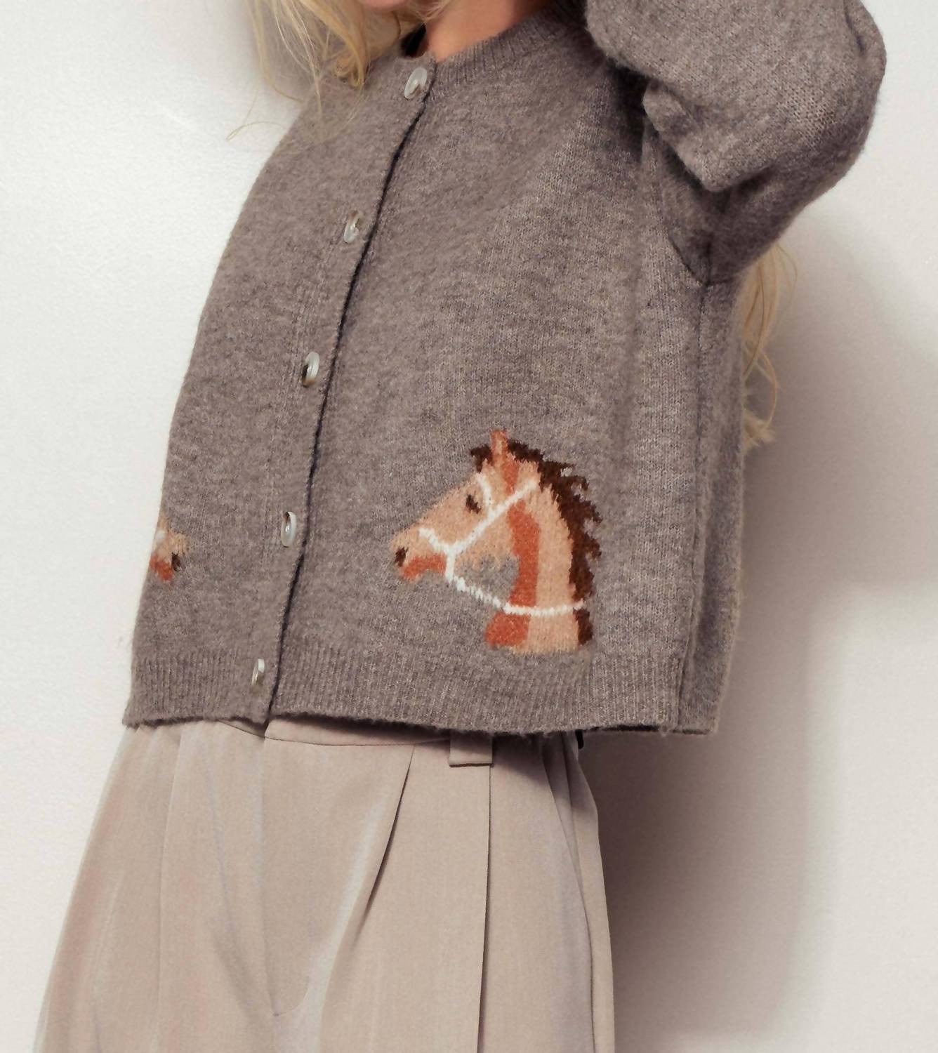 Urban Daizy - Western Horse Graphic Ribbed Trim Crew Neck Cardigan