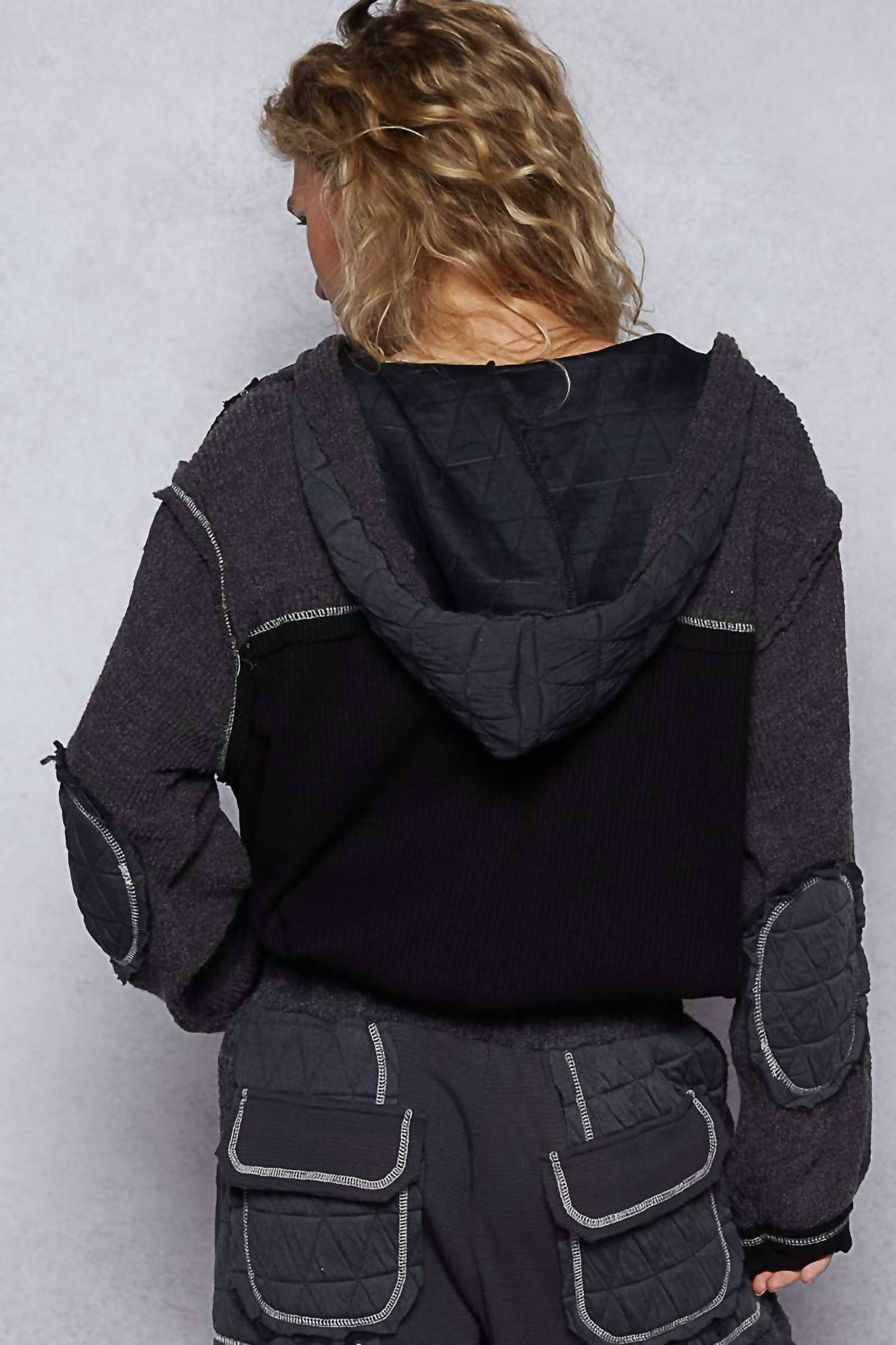 POL Hooded Button Down Combo Shacket in charcoal black - women's jacket - alternate view