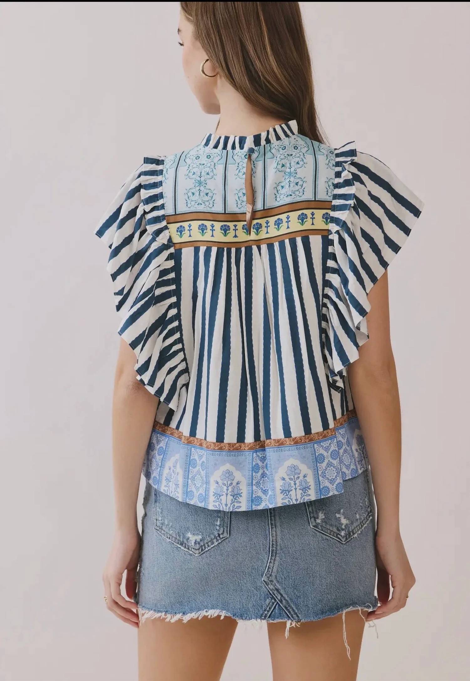 Tcec - Striped Border Print Ruffled Detail Top