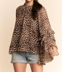 DAVI & DANI Vintage Ruffle Sleeve Boho Blouse in leopard brown - women's blouse - alternate view