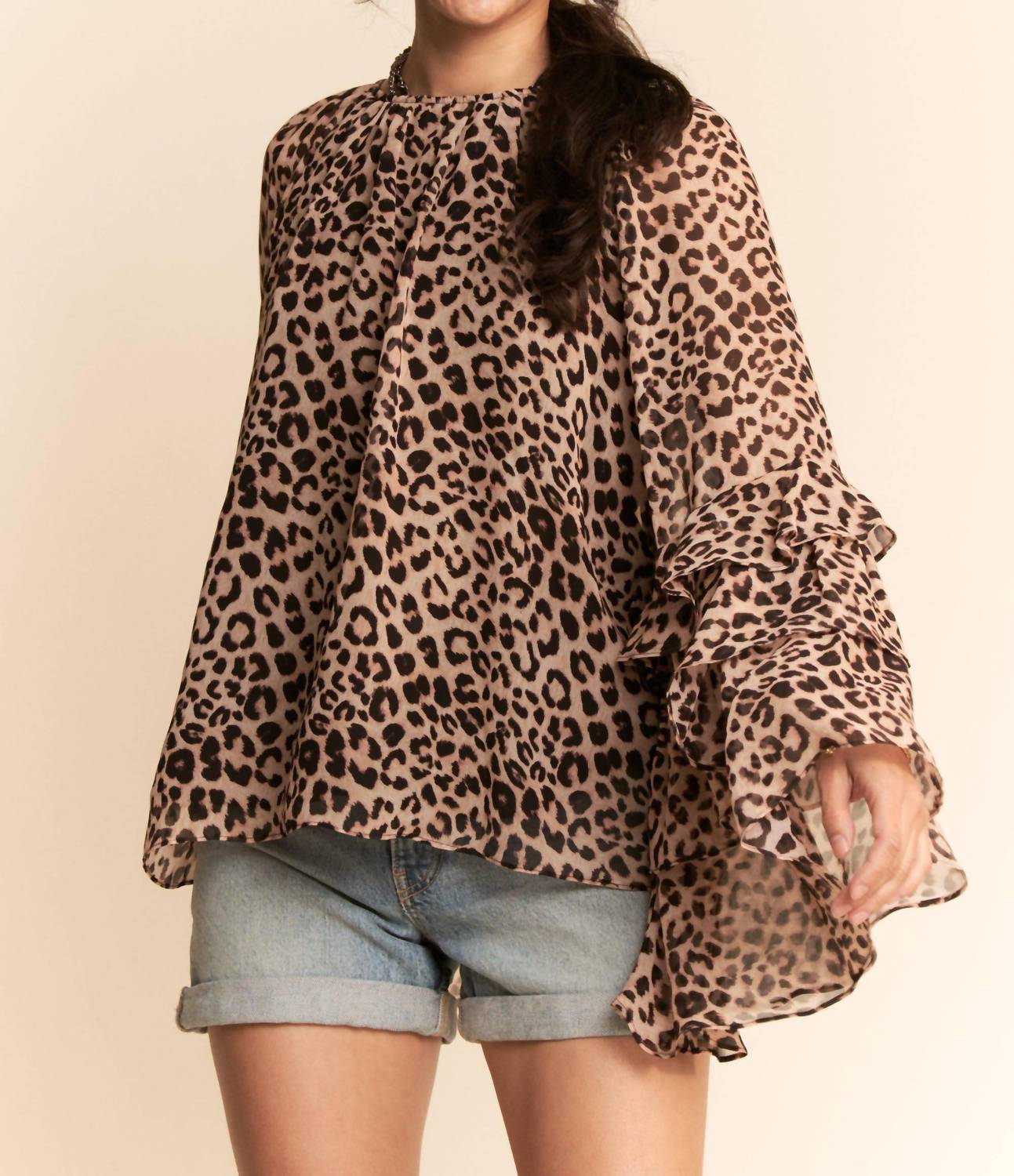 DAVI & DANI Vintage Ruffle Sleeve Boho Blouse in leopard brown - women's blouse - alternate view