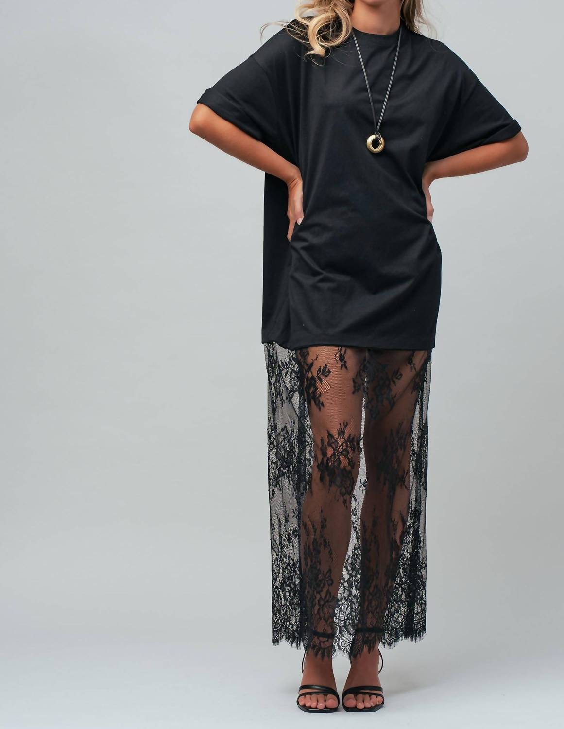Urban Daizy - Mixed-media T-shirt Dress With Sheer Lace Skirt