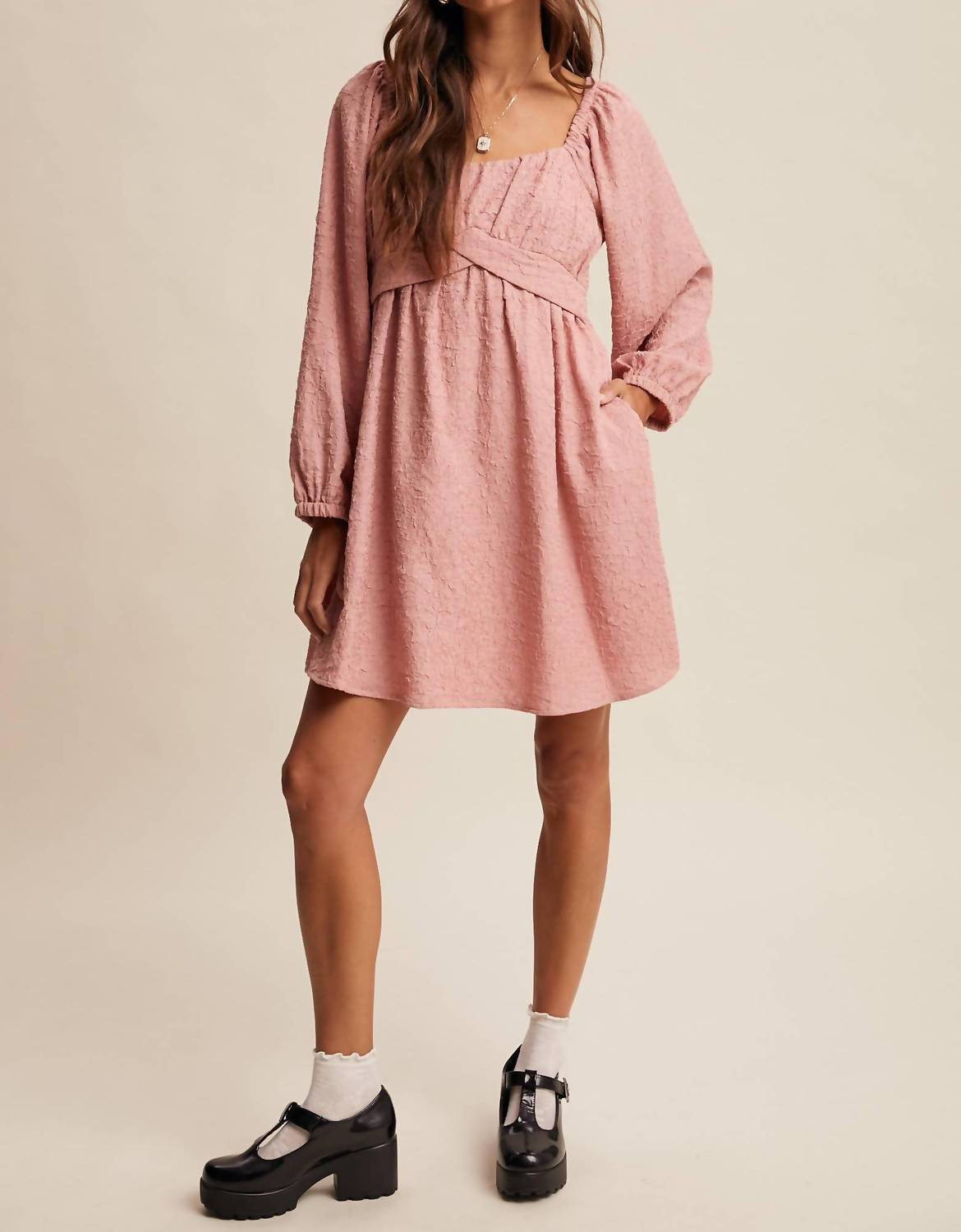 Listicle - Textured Square Neck Babydoll Mini Dress