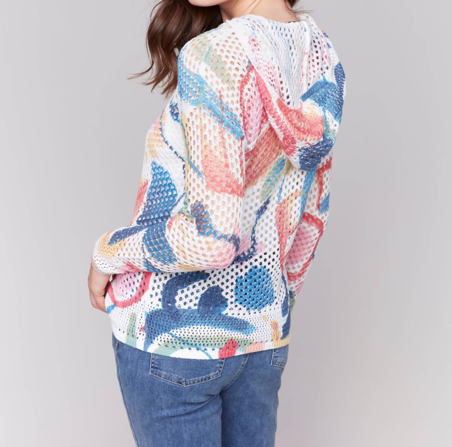Charlie B - Printed Fishnet Crochet Hoodie Sweater
