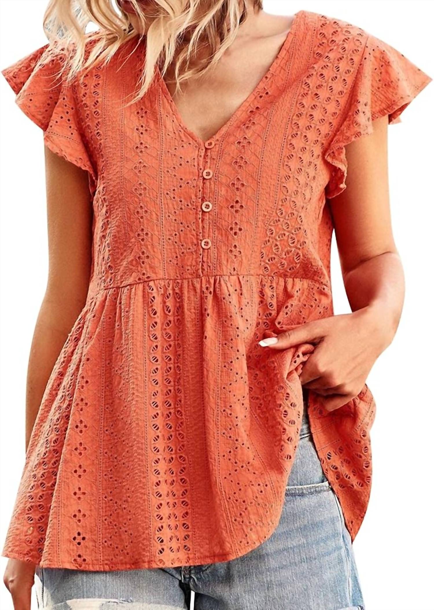 COCO + CARMEN Zendaya Eyelet Peplum Top in orange - women's blouse - detail view