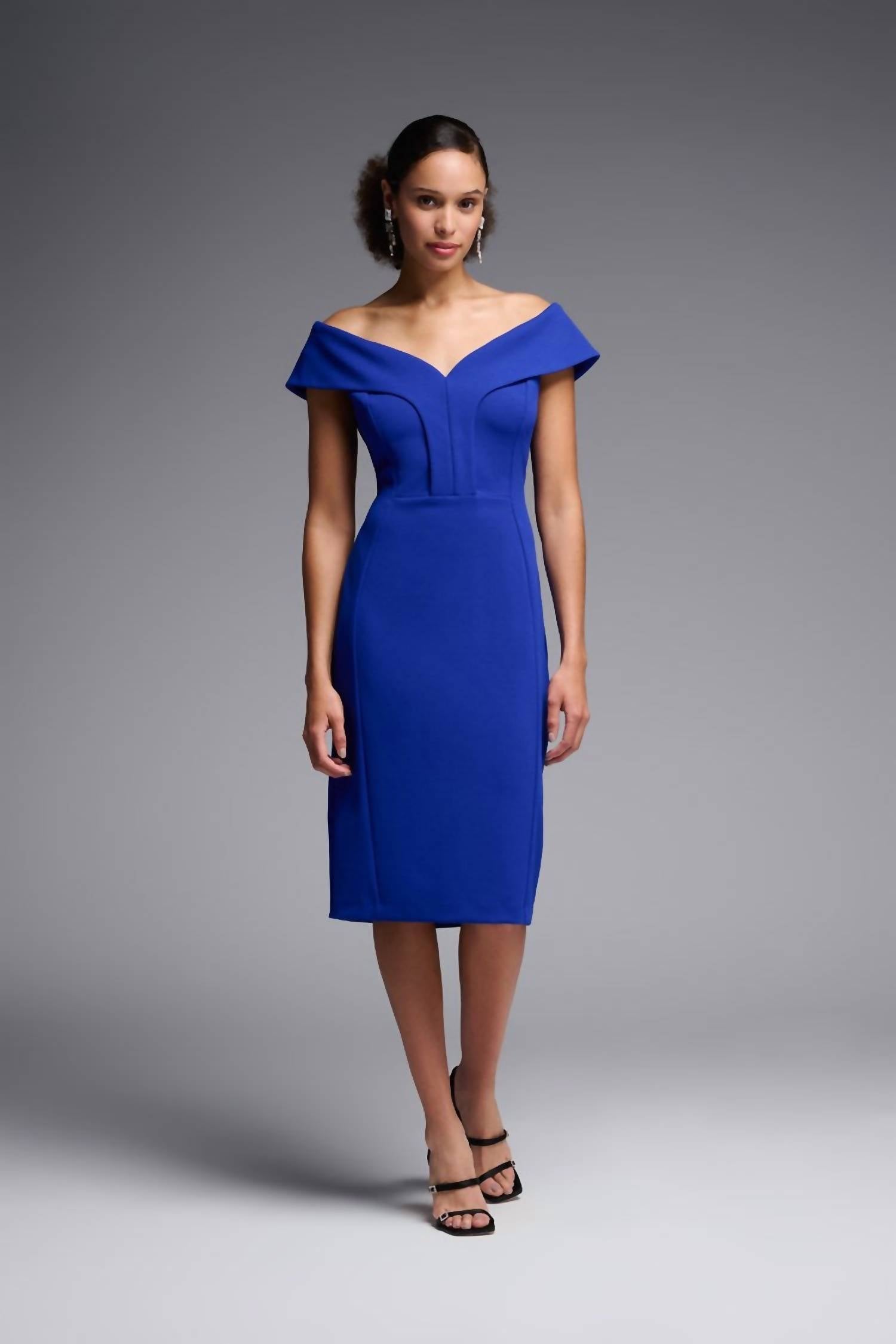 Joseph Ribkoff - Off-the-shoulder Scuba Crepe Sheath Midi Dress