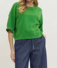 entro Solid Knit 3/4 Wide Sleeve Sweater in green - women's sweater