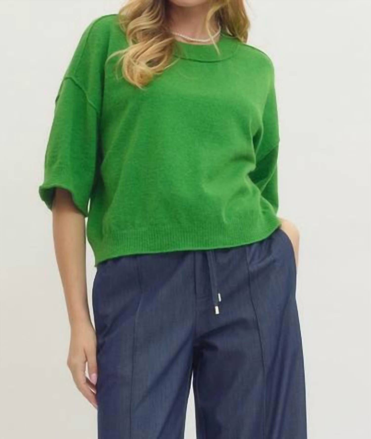 entro Solid Knit 3/4 Wide Sleeve Sweater in green - women's sweater