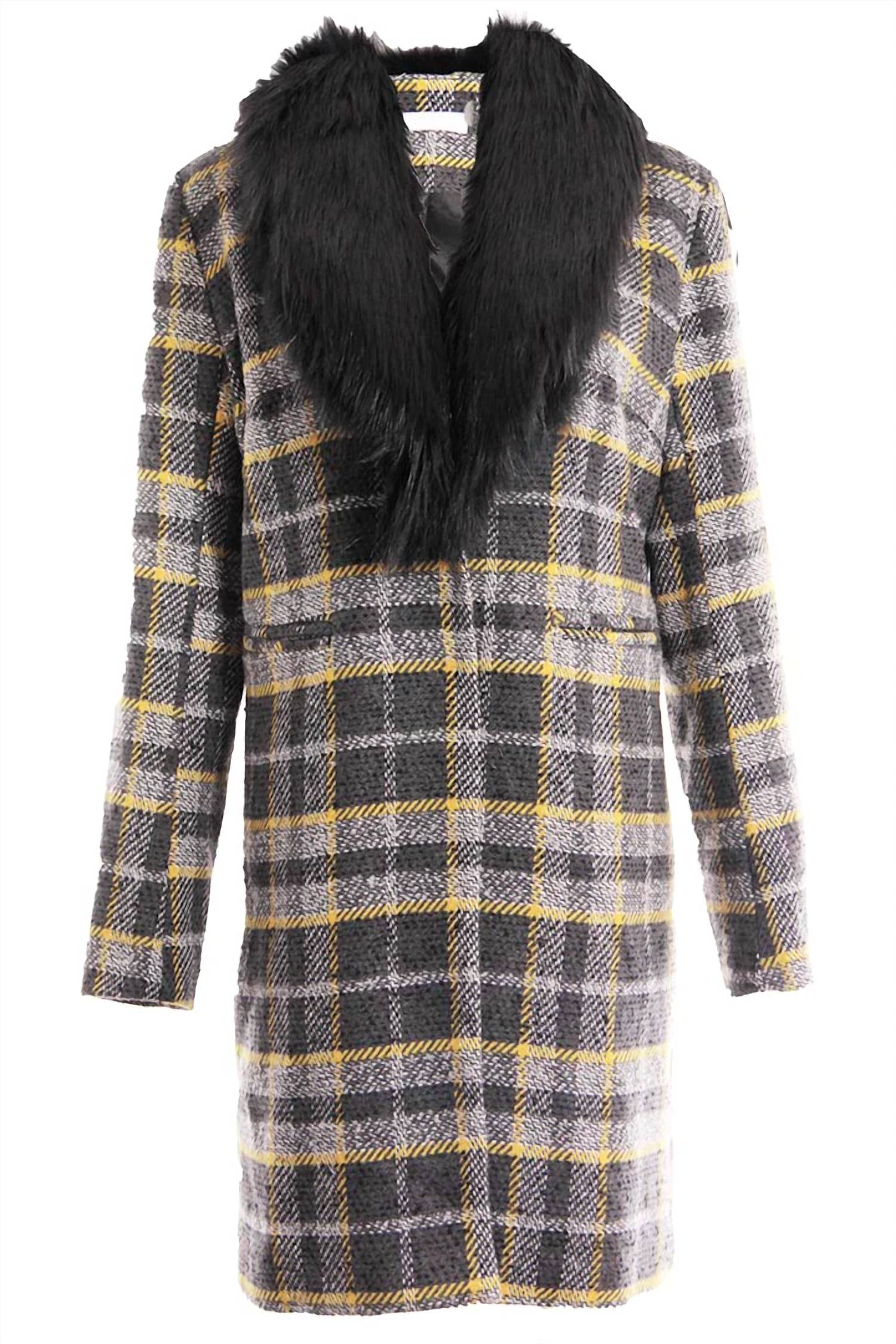Dolce Cabo - Long Plaid Coat With Detachable Fur Collar