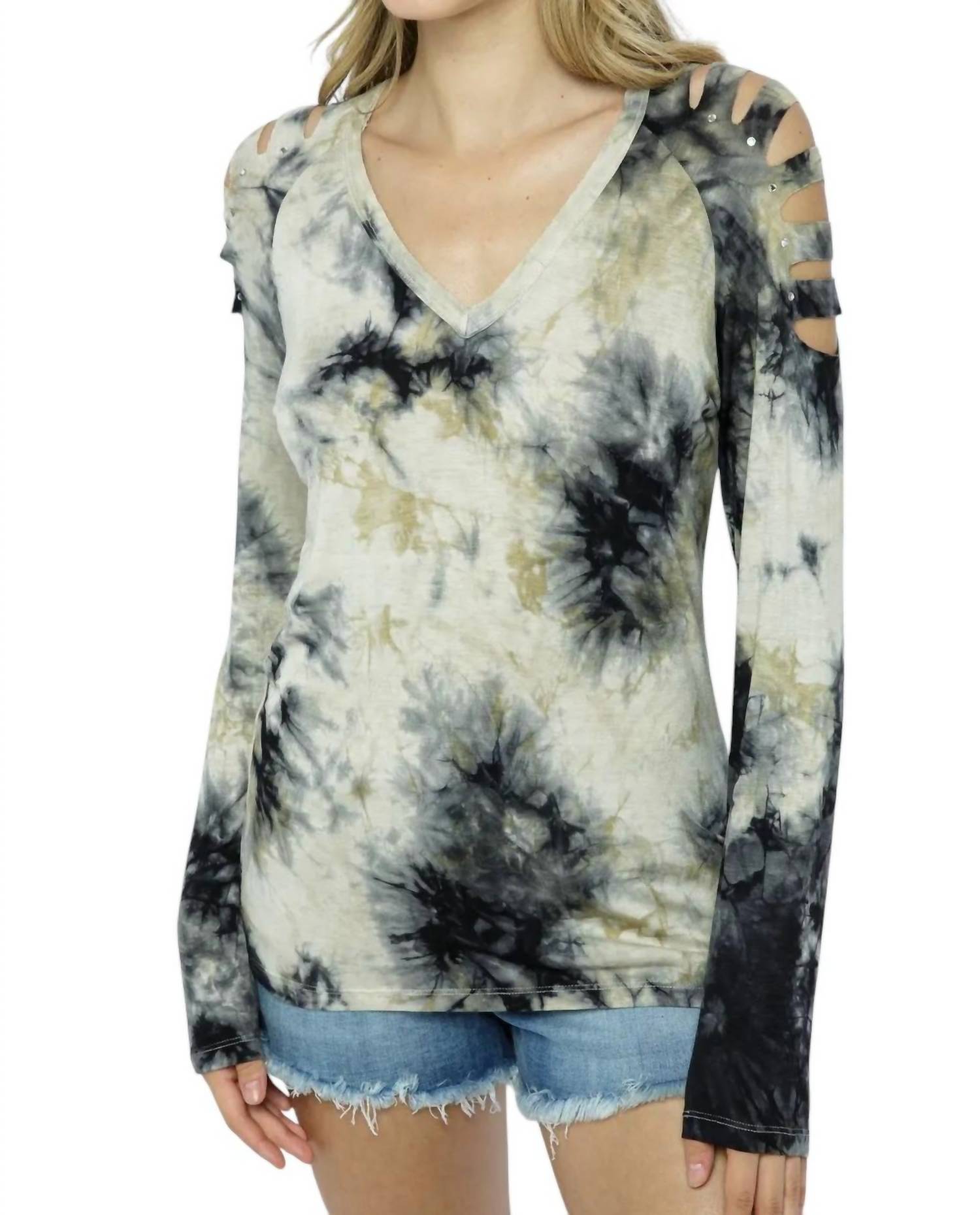 Vocal Apparel - Tie Dye Stud Sliced Long Sleeve Top