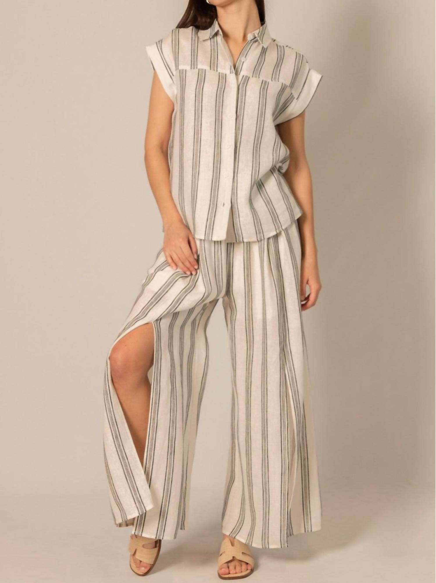 Before You Collection LINEN WIDE LEG PANTS in black ivory stripes - women's pants - detail view
