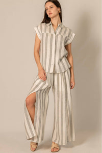 Before You Collection LINEN WIDE LEG PANTS in black ivory stripes - women's pants - alternate view