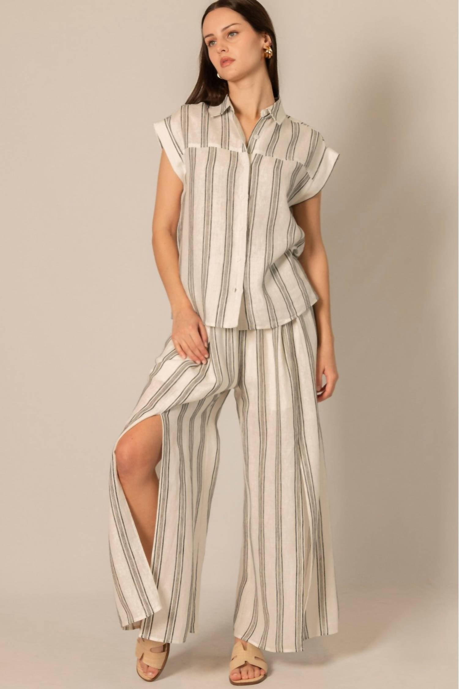 Before You Collection LINEN WIDE LEG PANTS in black ivory stripes - women's pants - alternate view