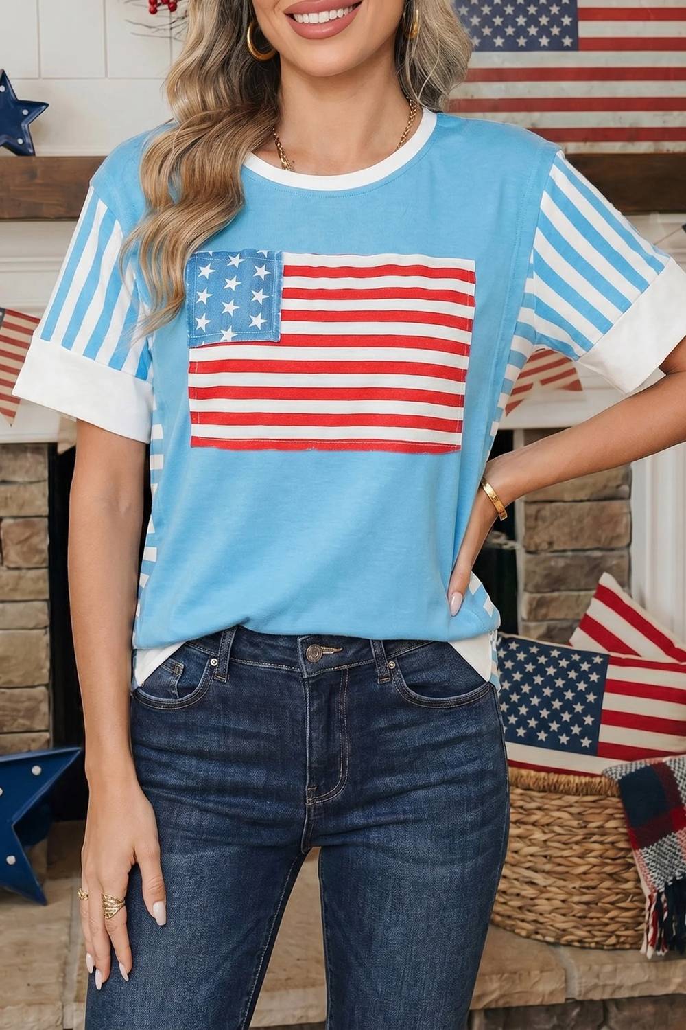 Shewin - Flag Print Colorblock Top