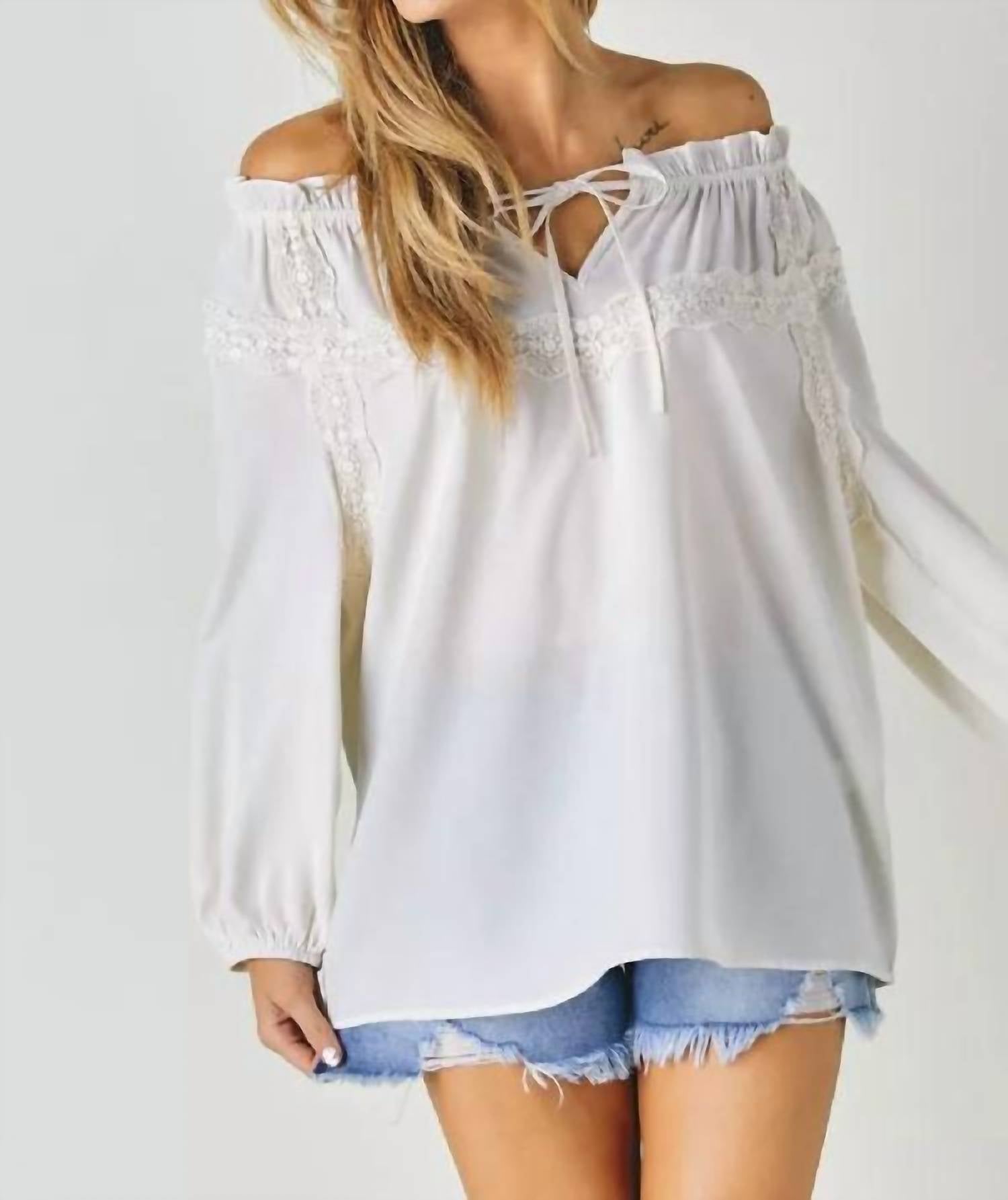 DAVI & DANI Lace Whisper Tie-Front Top in off white - women's blouse