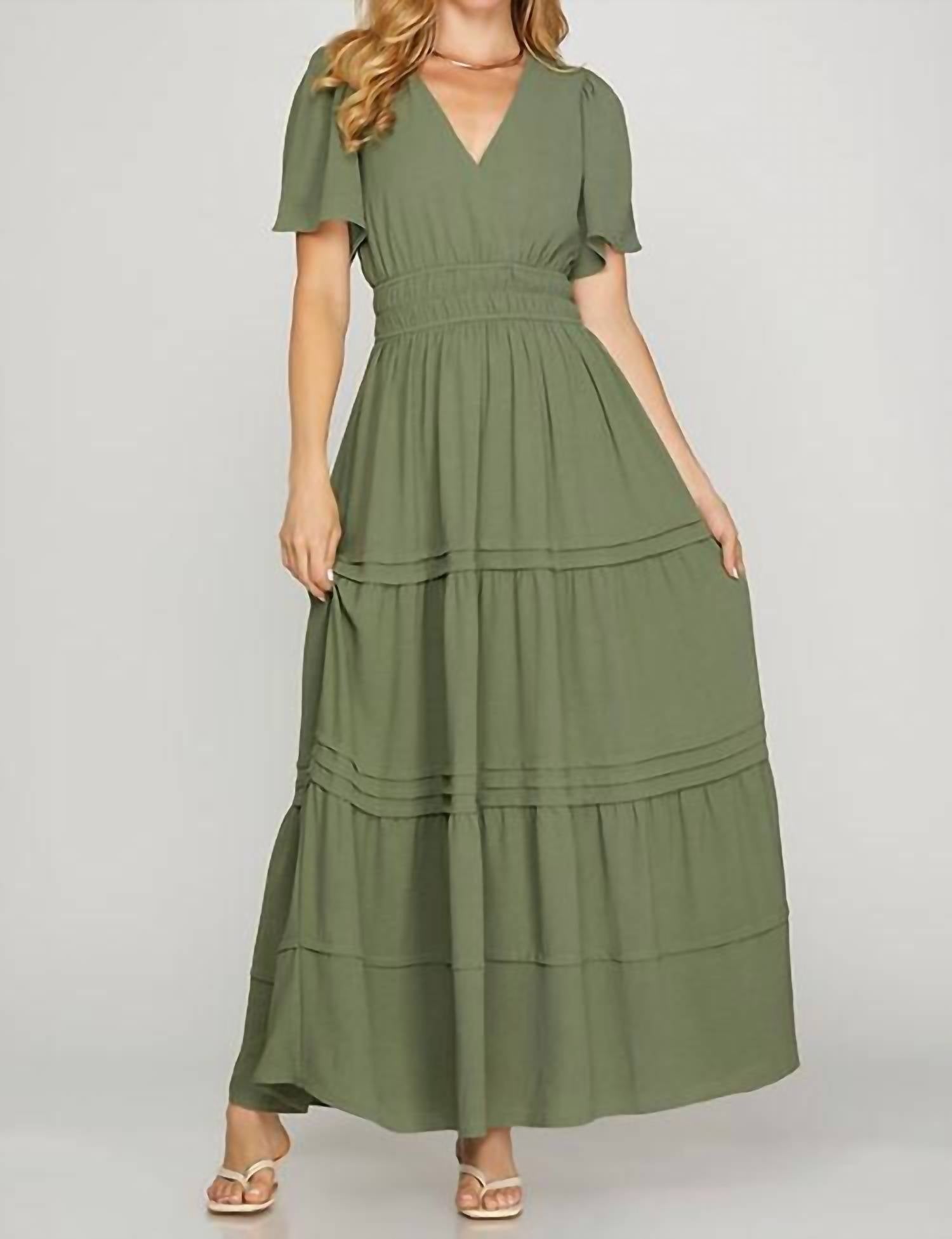She + Sky - Surplice Pintuck Tiered Maxi Dress