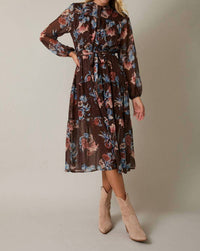 Gilli - Round Neck Long Sleeve Button Up Waist Tie Floral Midi Dress