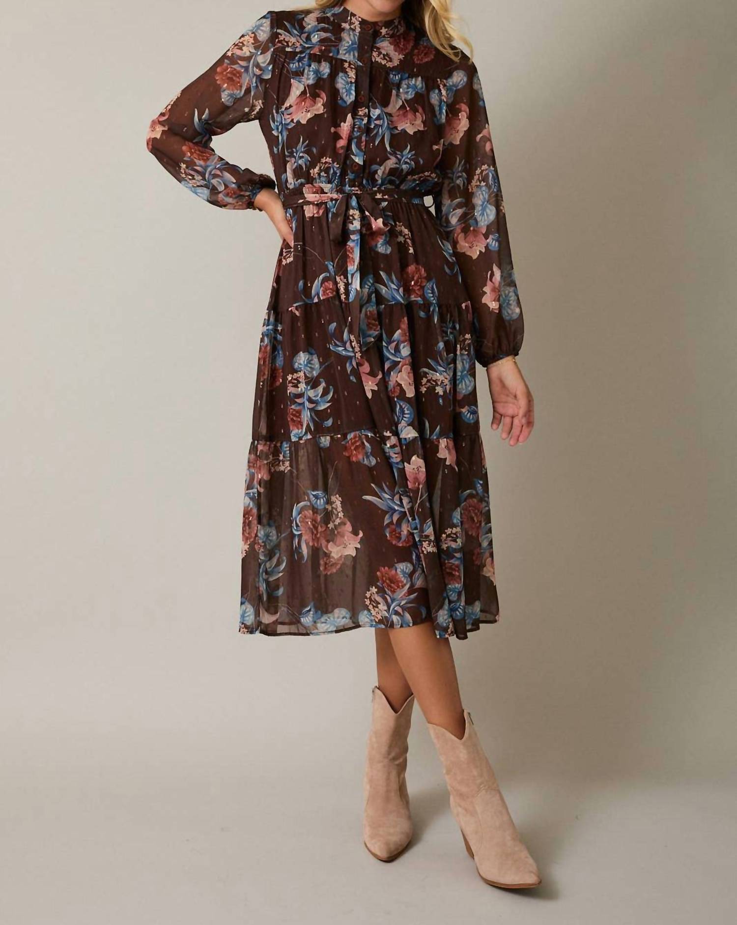 Gilli - Round Neck Long Sleeve Button Up Waist Tie Floral Midi Dress