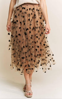 Sweet Generis All Frills Velvet Heart Flocked Midi Skirt in mocha - women's skirt - detail view