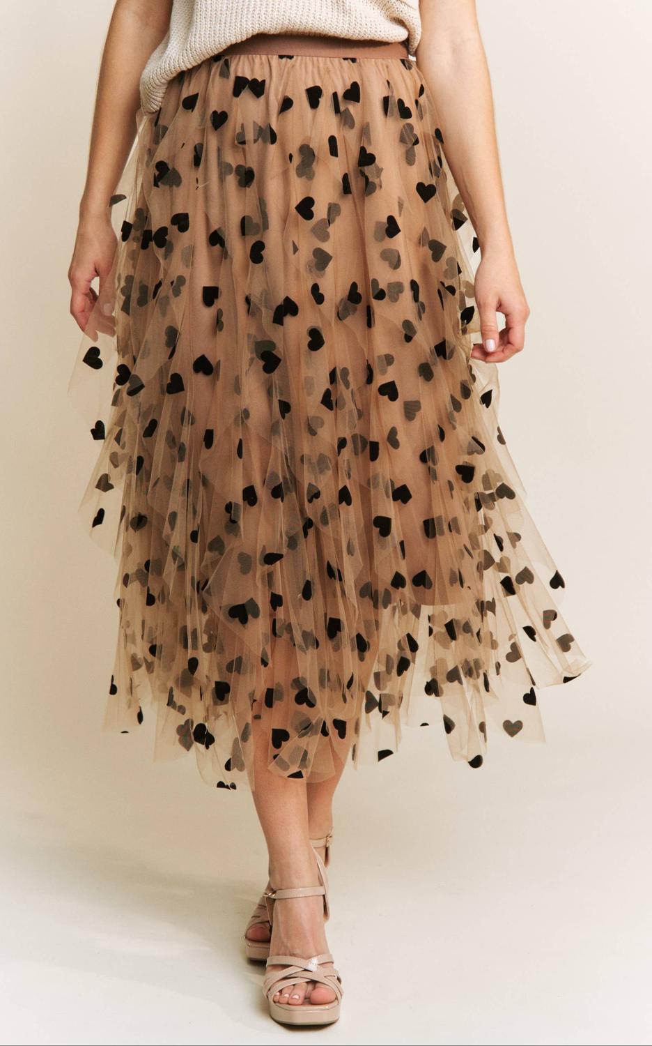 Sweet Generis All Frills Velvet Heart Flocked Midi Skirt in mocha - women's skirt - detail view