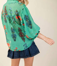 Gigio - Printed Button-down With 3/4 Length Gathered Balloon Sleeves Top