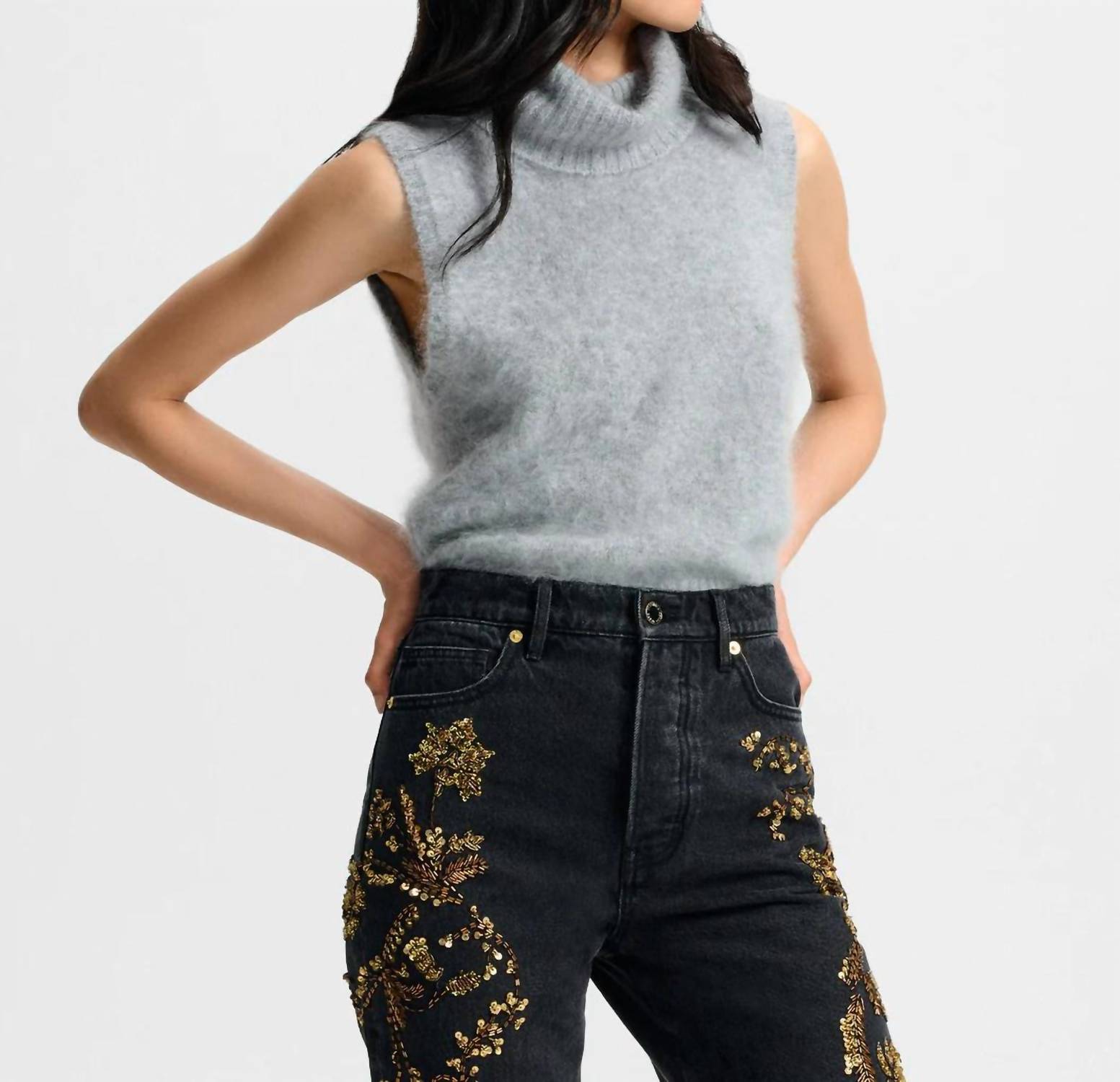 Veronica Beard Mazzy Brushed Cashmere Sleeveless Sweater in heather grey - women's sweater - detail view