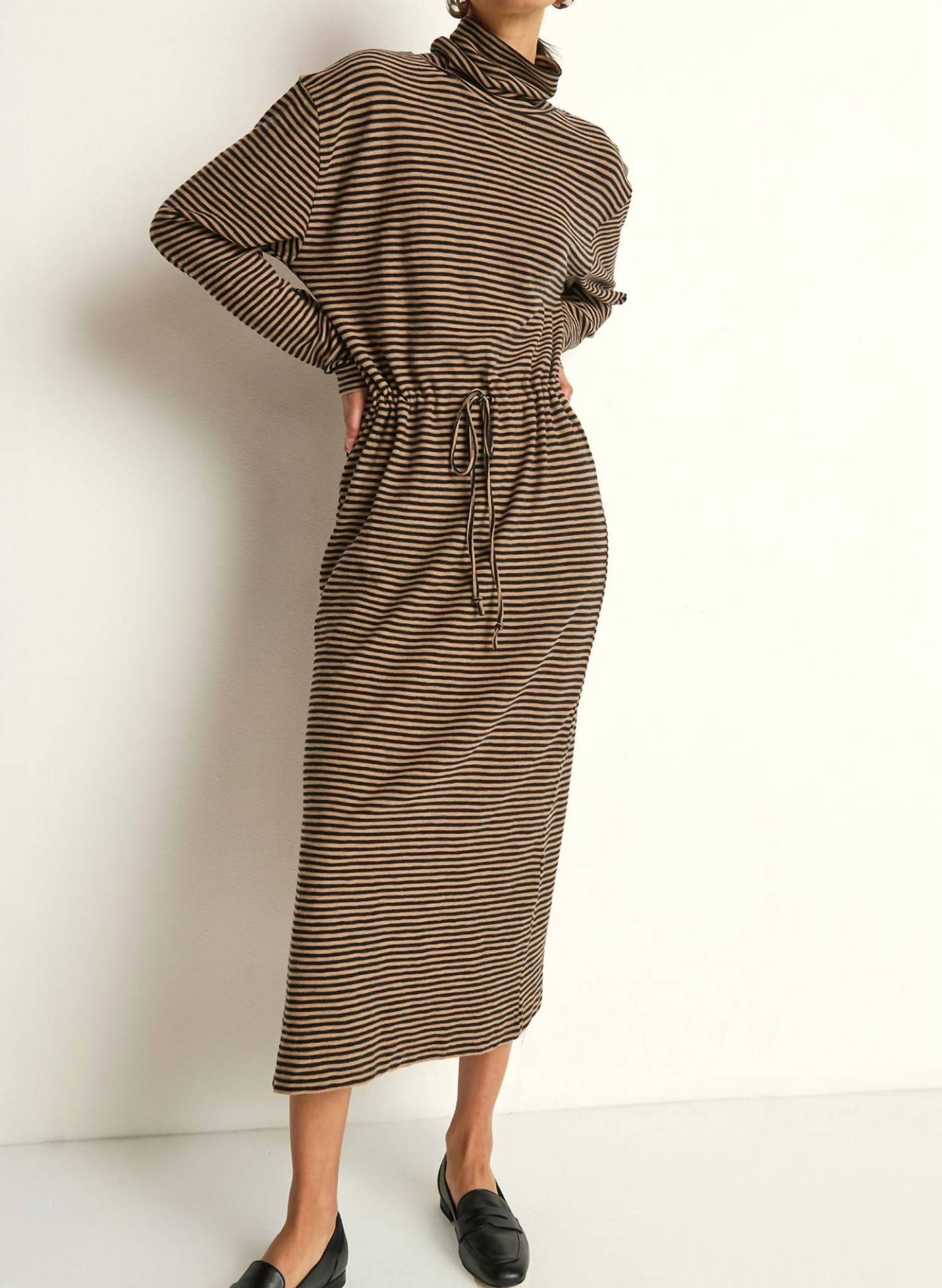 Nation LTD Mariel Long Sleeve Midi Dress in mini cocoa stripe - women's dress - alternate view