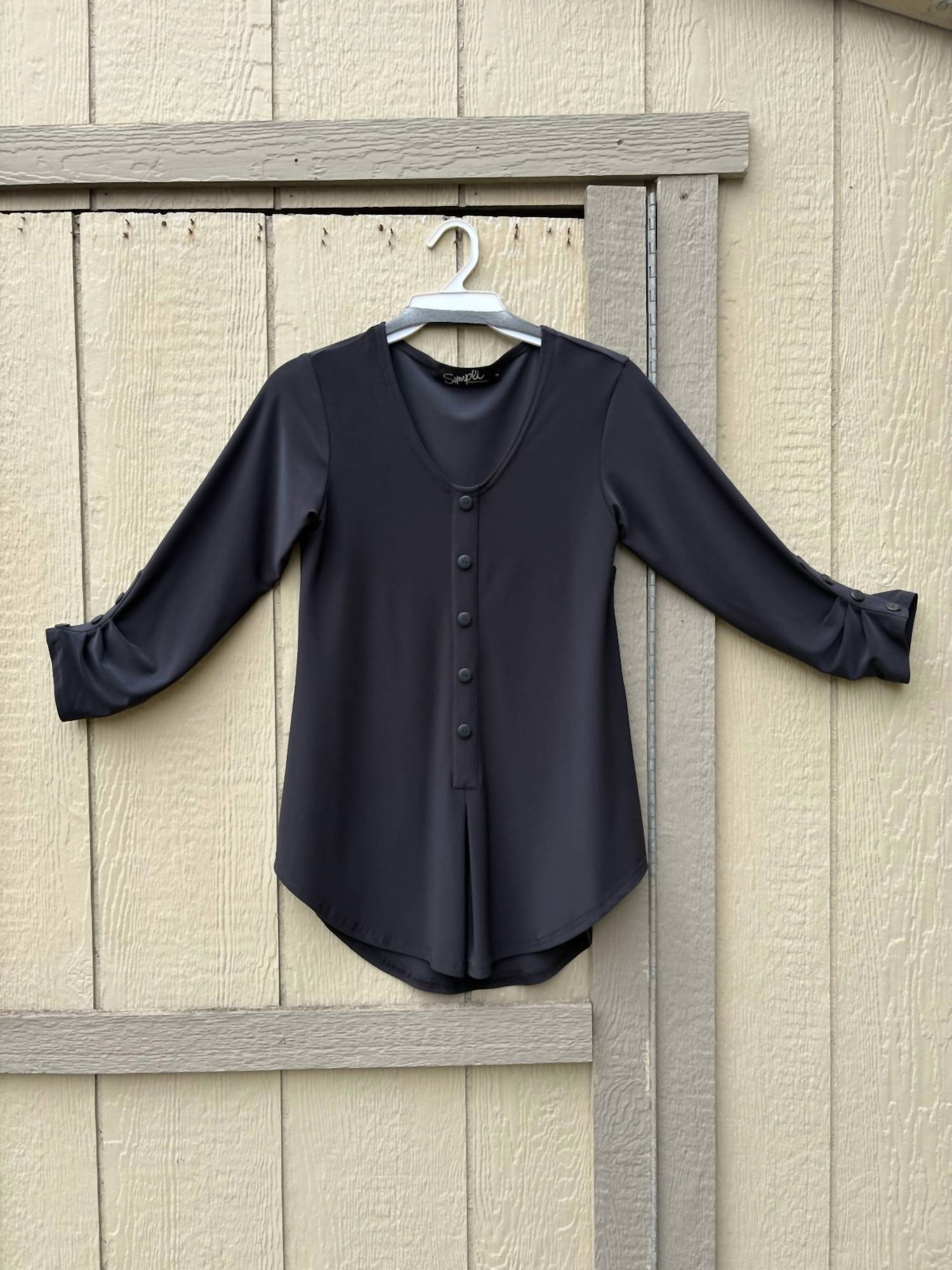 Sympli Women's Unity Henley Top in charcoal - women's long sleeve top