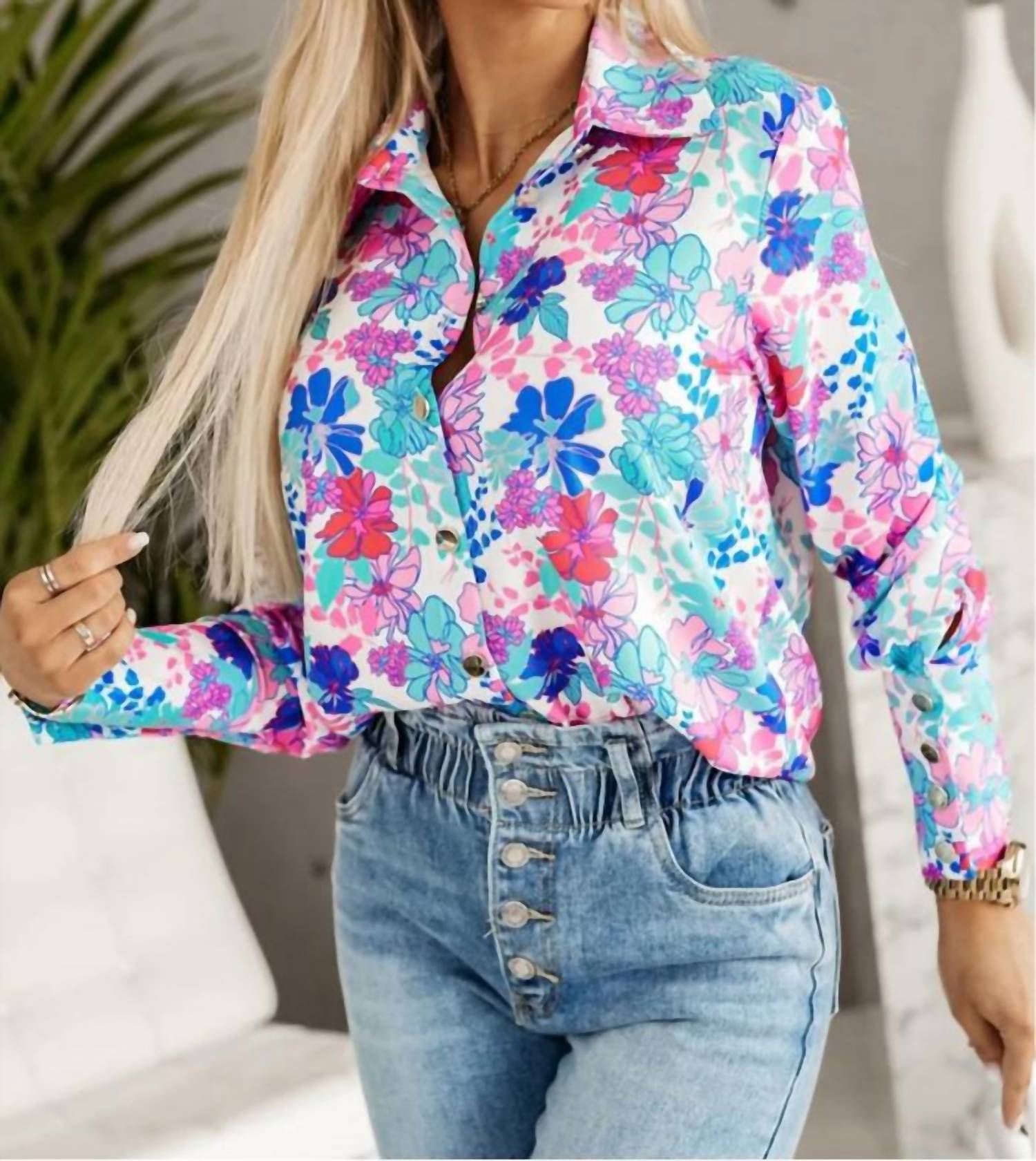 Shiying Fashion - Flower Print Button-up Slim-fit Long Sleeve Shirt