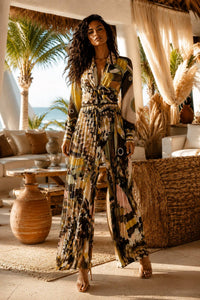 Surelymine - Abstract Print Pleated Wide Leg Jumpsuit