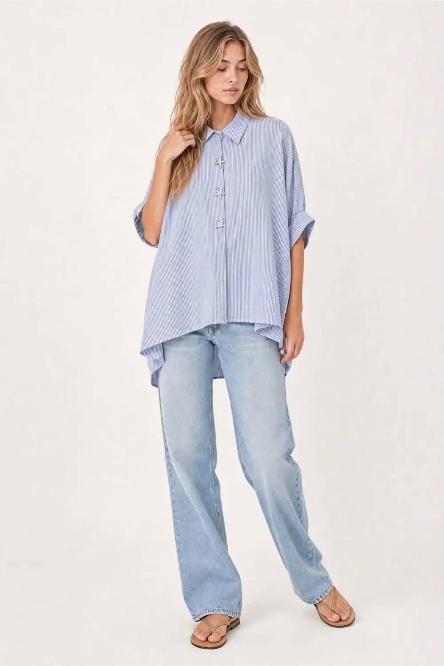 Q2 - Oversized Striped Poplin Blouse With Starfish Buttons