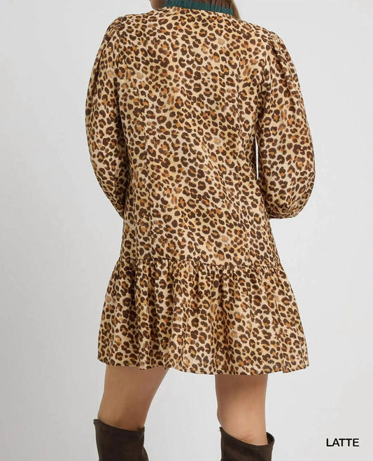 Umgee - Women's Leopard Print Long Sleeve Mini Dress