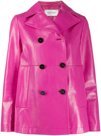 Valentino Double Breasted Leather Jacket in shocking pink - women's jacket - view 5