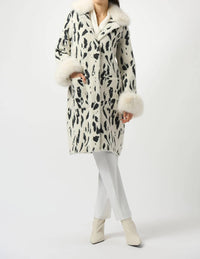Joseph Ribkoff - Fae Feather Yarn Animal Jacquard Coat With Faux Fur Trim