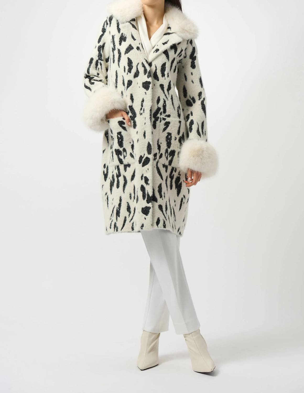 Joseph Ribkoff - Fae Feather Yarn Animal Jacquard Coat With Faux Fur Trim