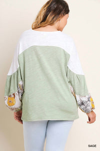 Umgee - Leaf Puff Sleeve Colorblock Top