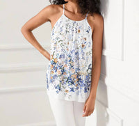 Karen Kane Bria Border Print Top in white with blues and yellow - women's blouse - view 6