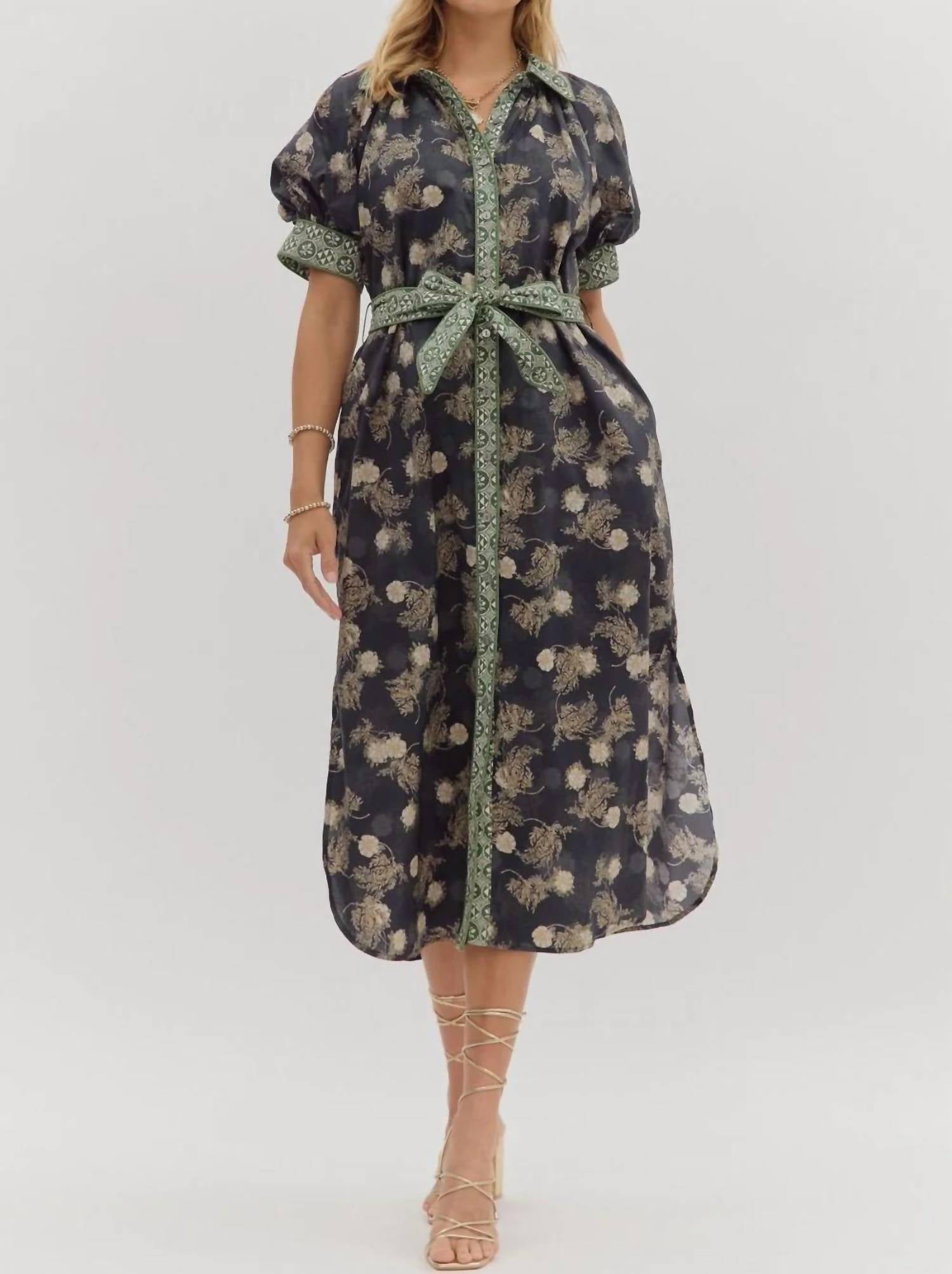 Entro - Women's Silva Floral Short Puff Sleeve Shirt Midi Dress