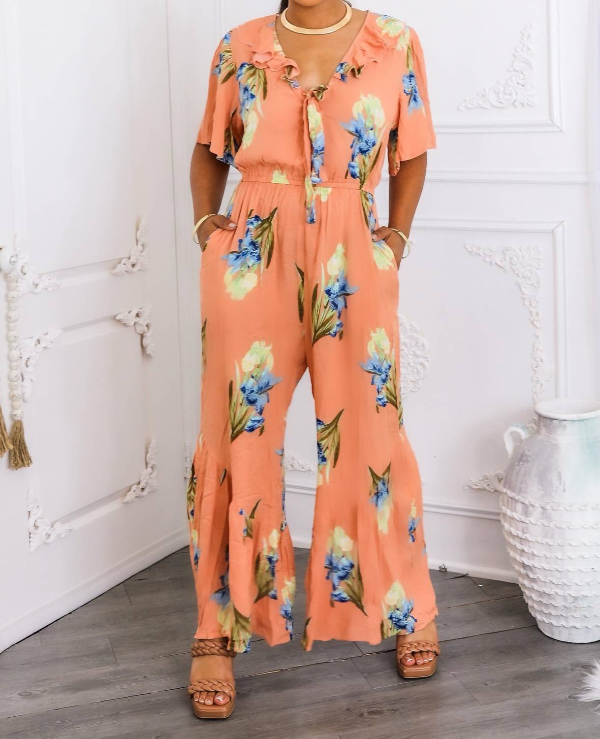 Surelymine - Peach Floral Ruffle Jumpsuit Wide-leg Summer One-piece