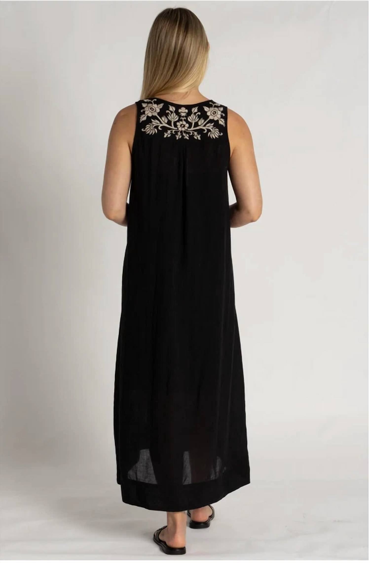 Johnny Was KAMALA LINEN TANK SLIP DRESS in black - women's dress - detail view