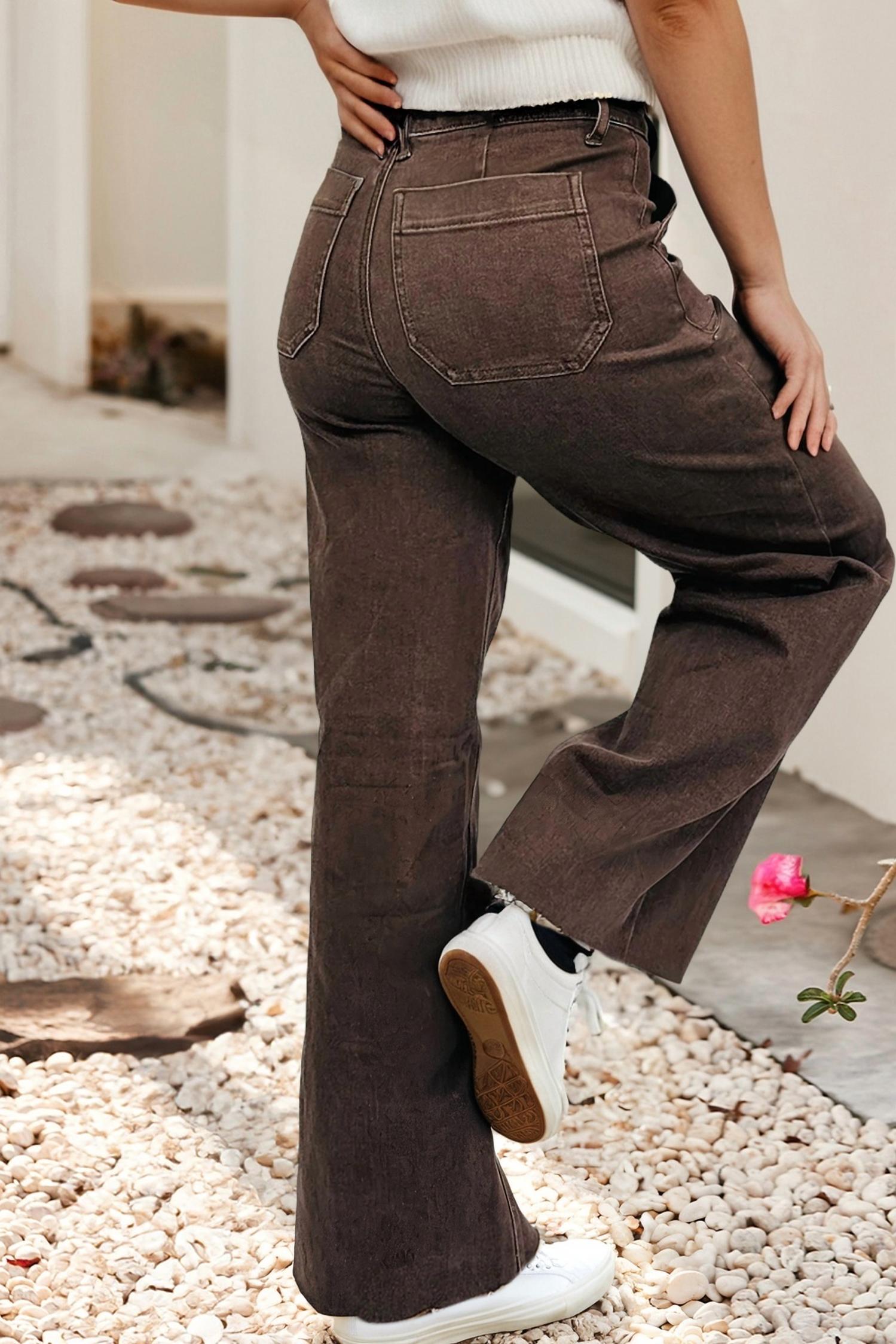 Little Daisy Closet Washed Retro Wide Leg Jeans in mocha brown - women's jeans - alternate view