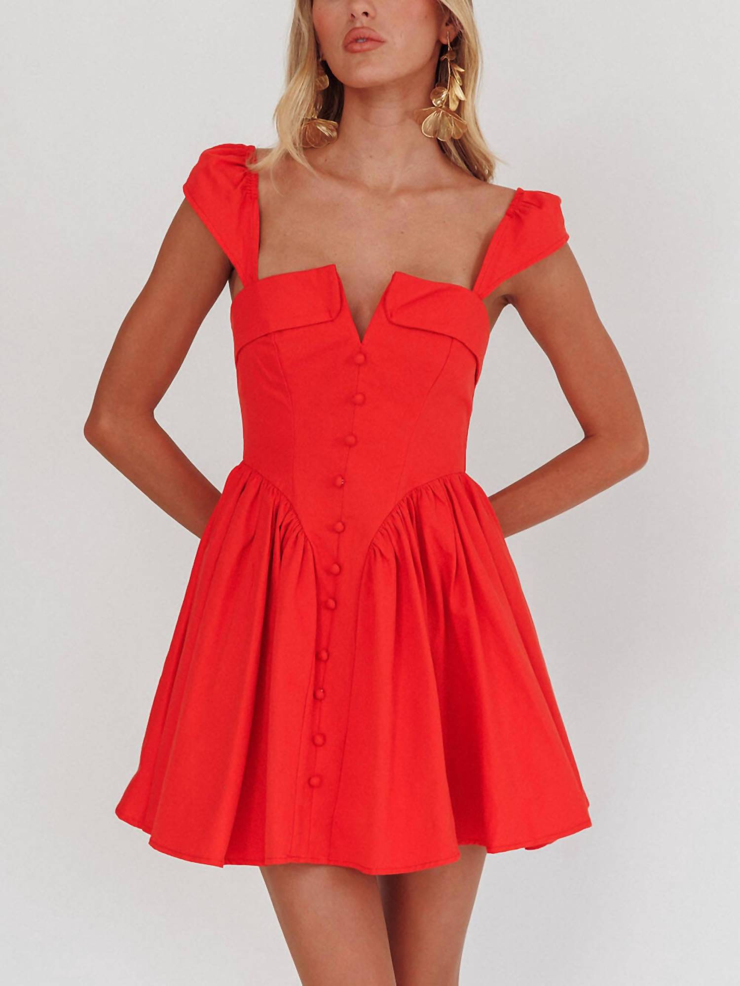 Saints + Secrets - Pleated Square Collar Button Front Mini Dress