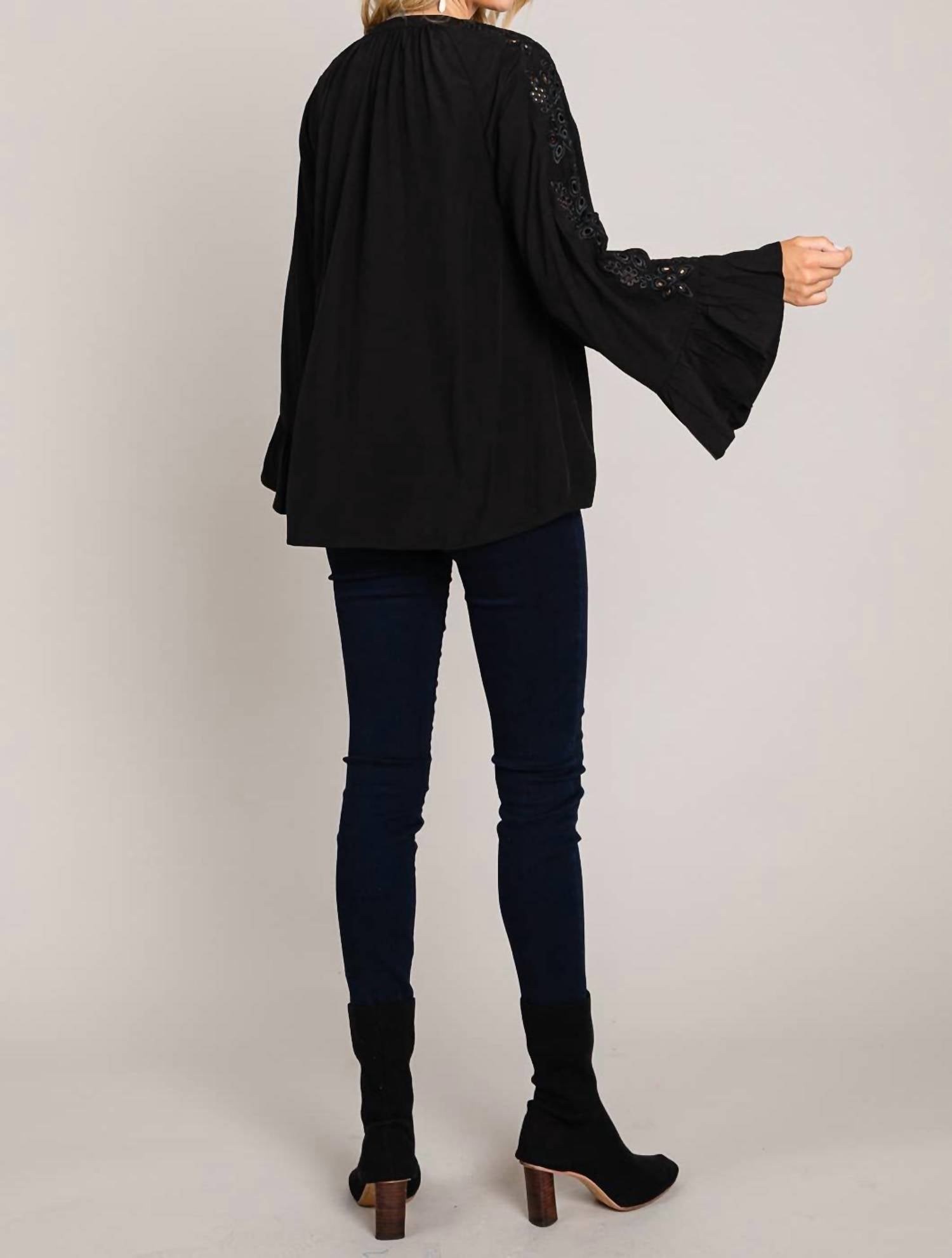 Cotton Bleu - Embroidered Sleeve Casual Top