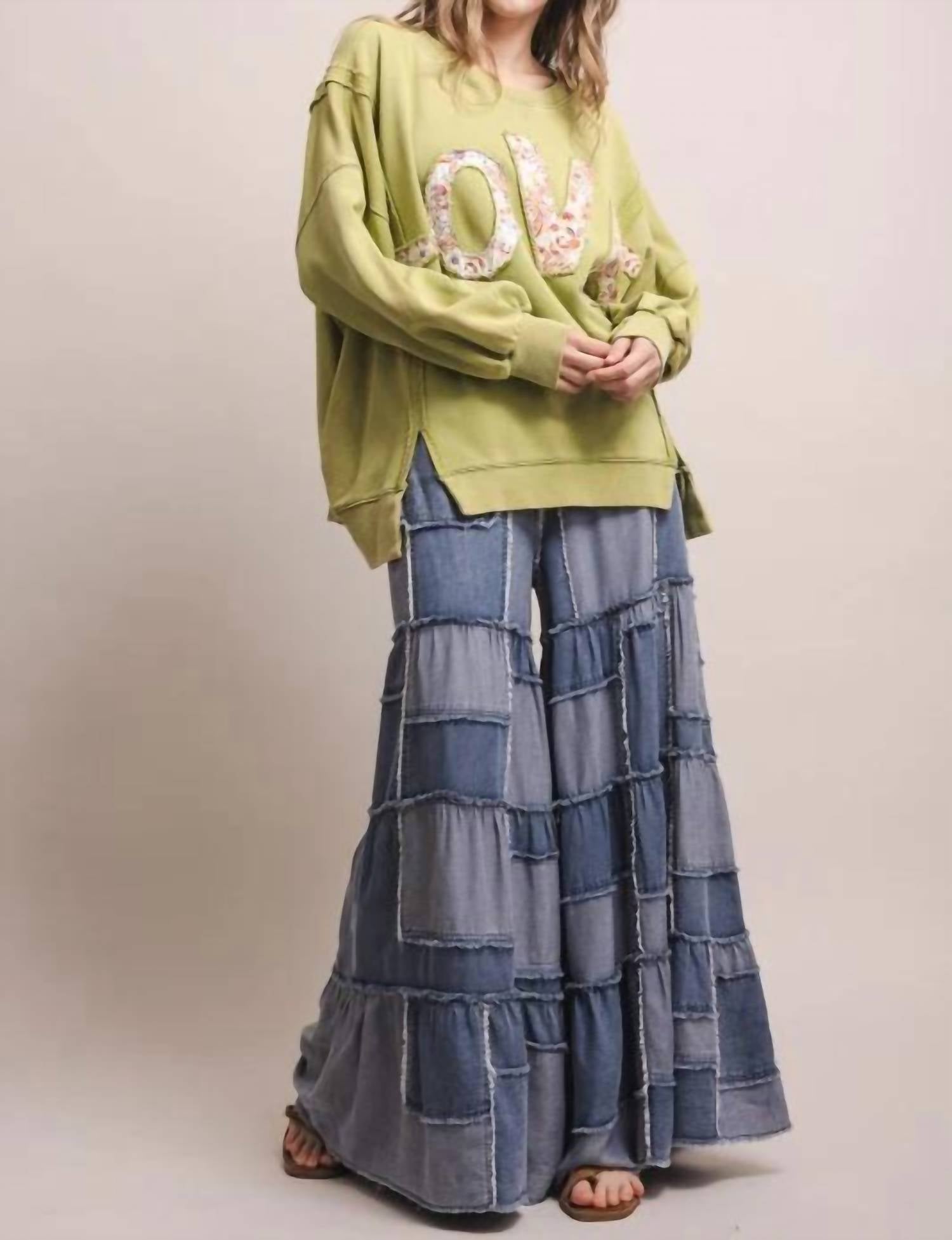 Blue Velvet - Wide Leg Patchwork Chambray Tiered Pants