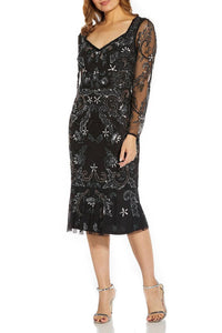 Adrianna Papell - Sweetheart Neck Long Sleeves Beaded Midi Dress